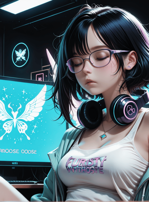 girl, gamer, angel wings, headphones, monitor, can, plant, jacket, glasses, t-shirt