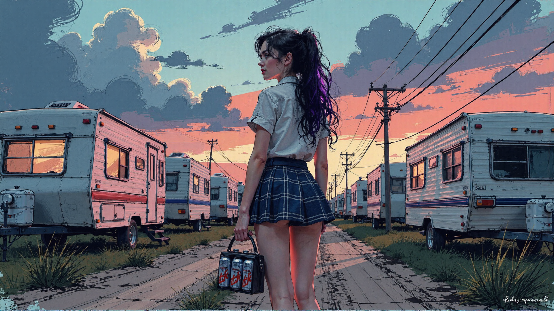 AI generated wallpaper featuring girl, camper, trailer, sky, power line, bottle