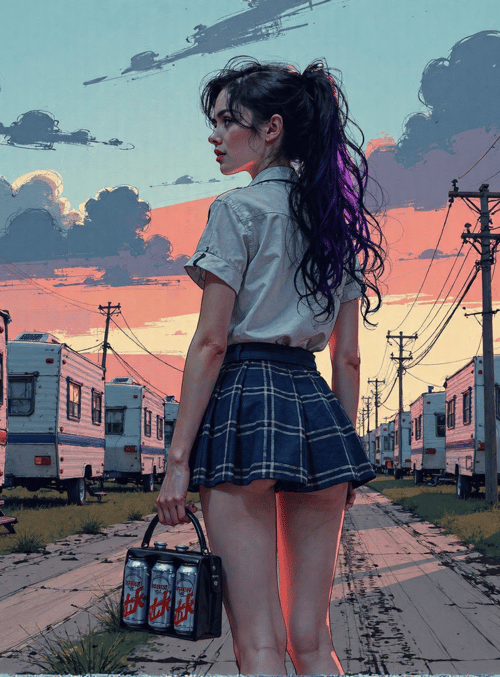 girl, camper, trailer, sky, power line, bottle