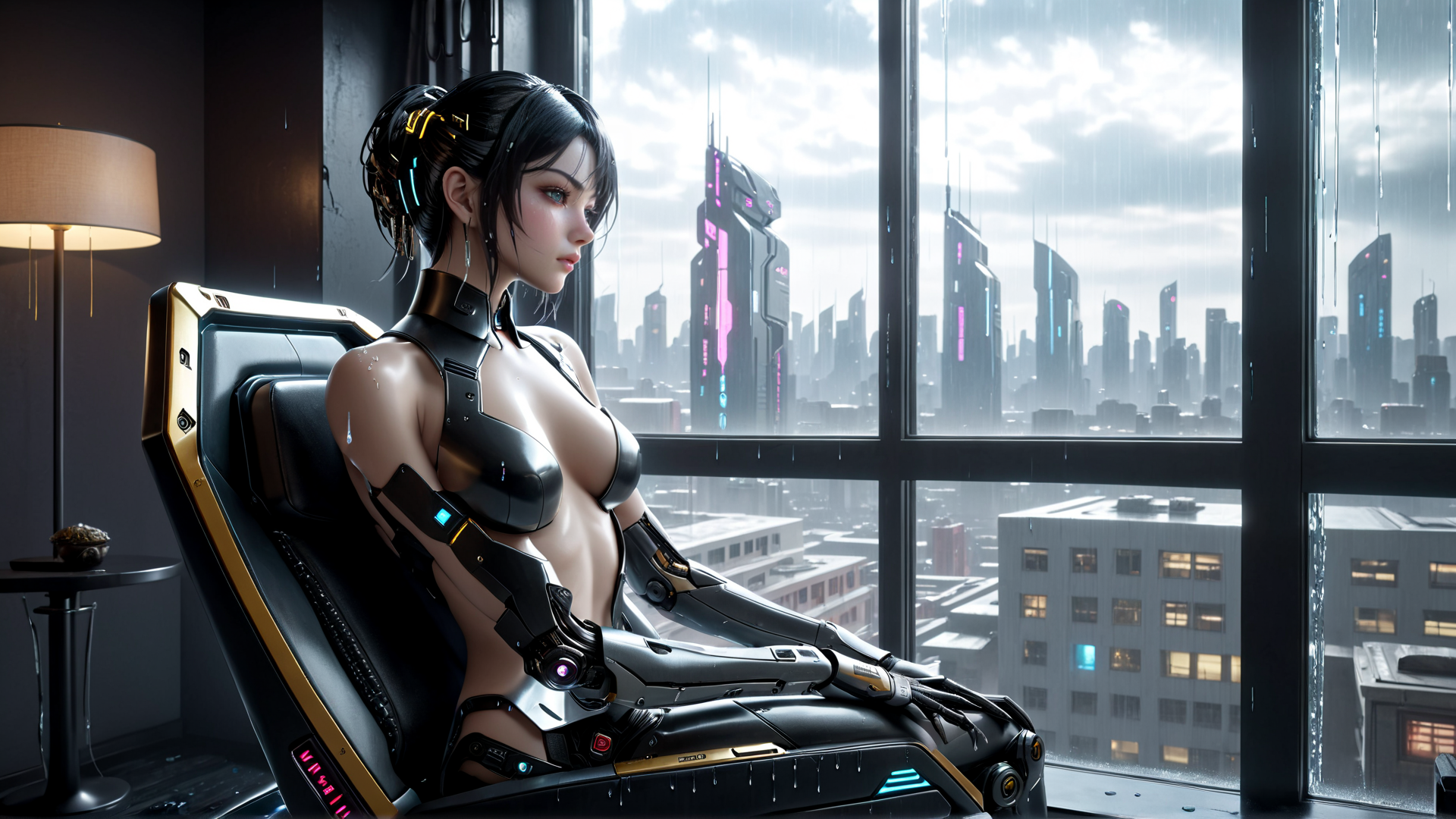 AI generated wallpaper featuring cyborg, woman, chair