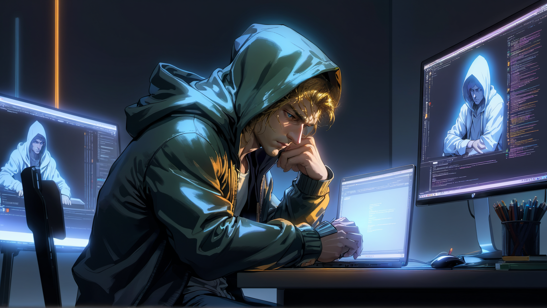AI generated wallpaper featuring hacker, computer, monitor