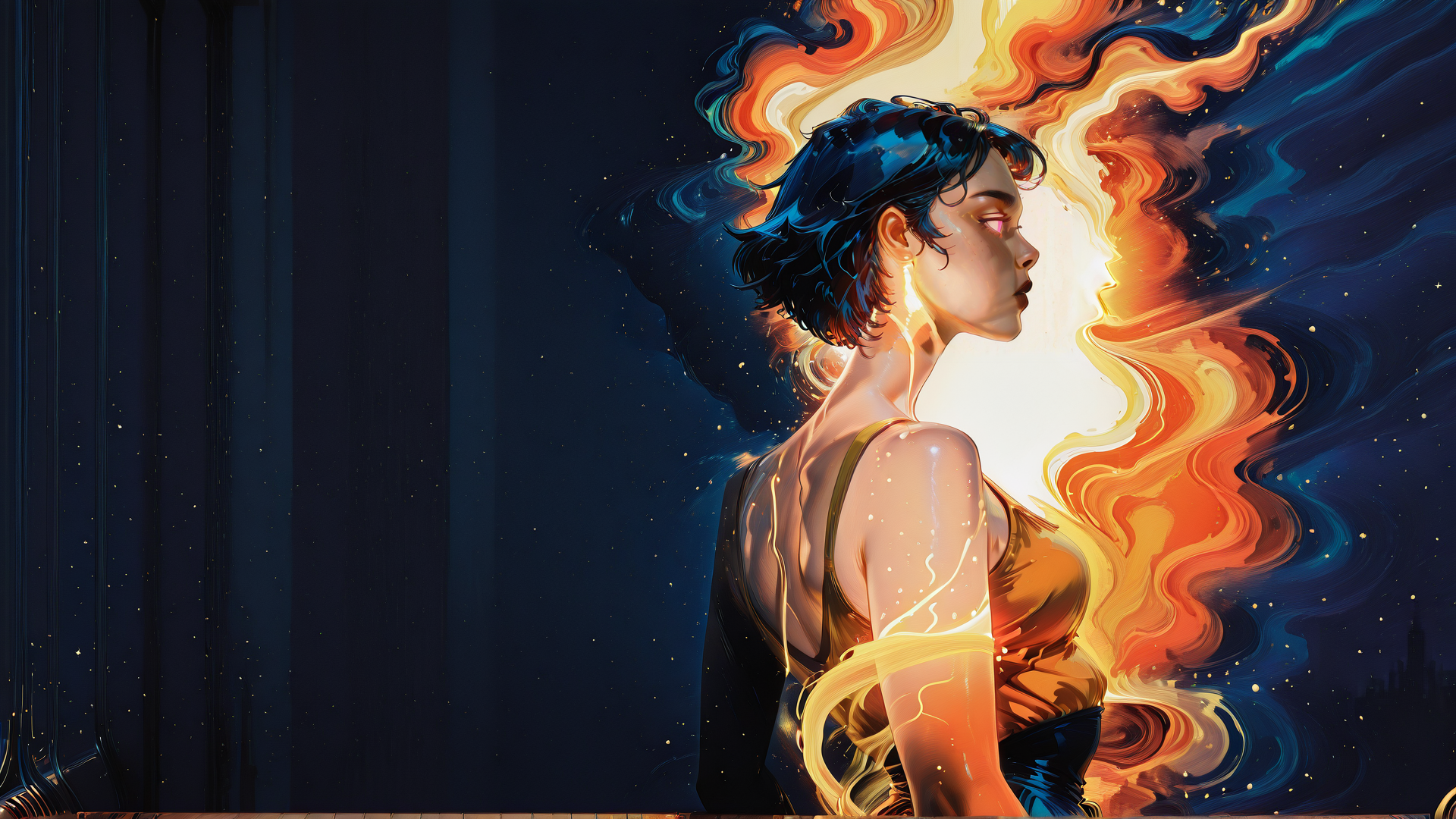 AI generated wallpaper featuring woman, abstract, light, energy, fire, surreal