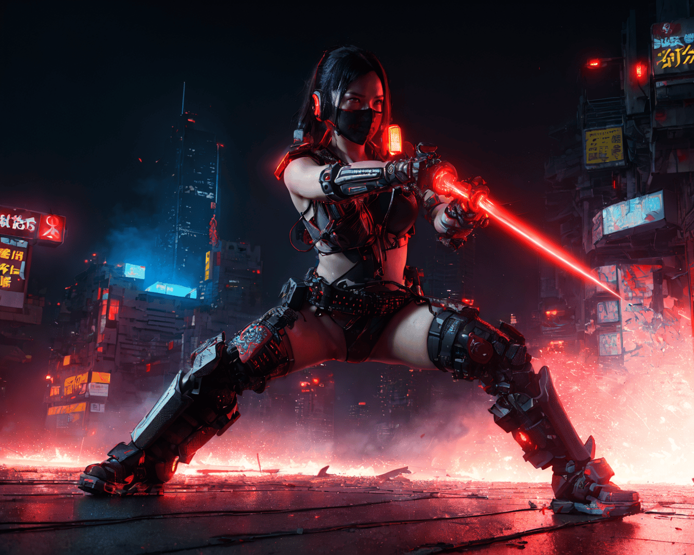 AI generated wallpaper featuring cyborg, fighter, woman