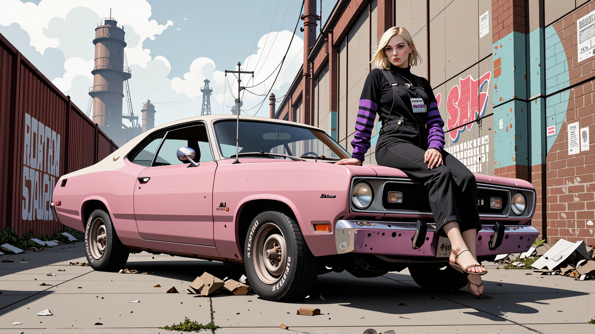 AI generated wallpaper featuring woman, car, industrial, graffiti, factory