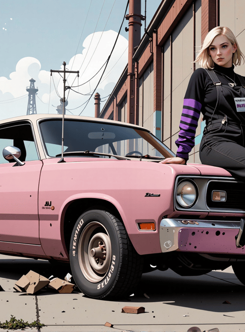 woman, car, industrial, graffiti, factory