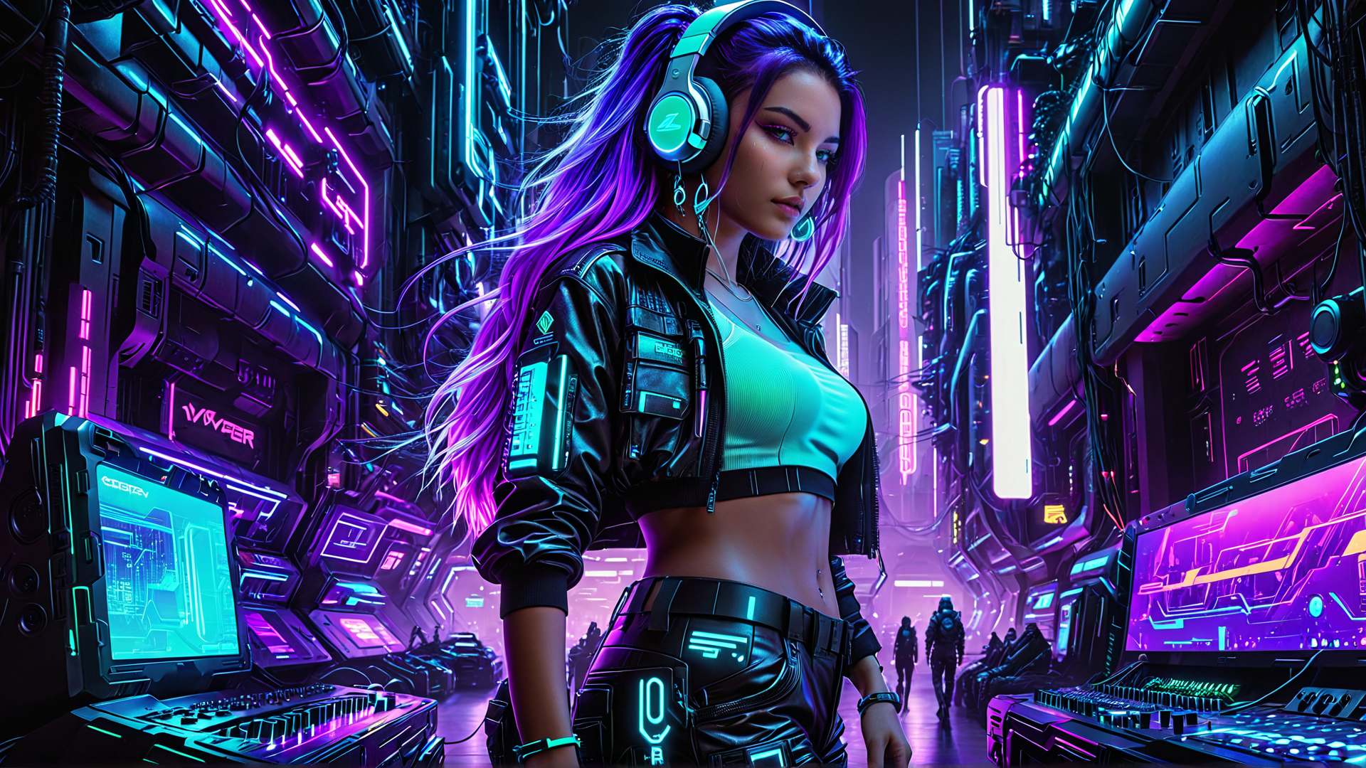 AI generated wallpaper featuring cyberpunk girl, neon city
