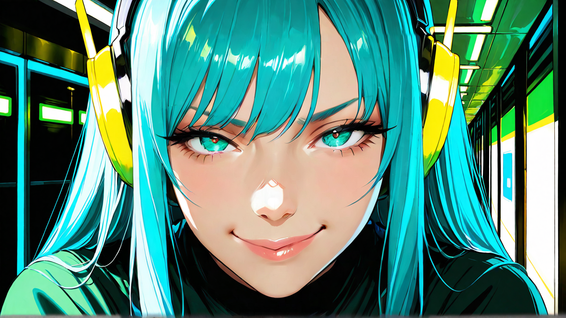 AI generated wallpaper featuring girl, headphones, hair, train, person, anime