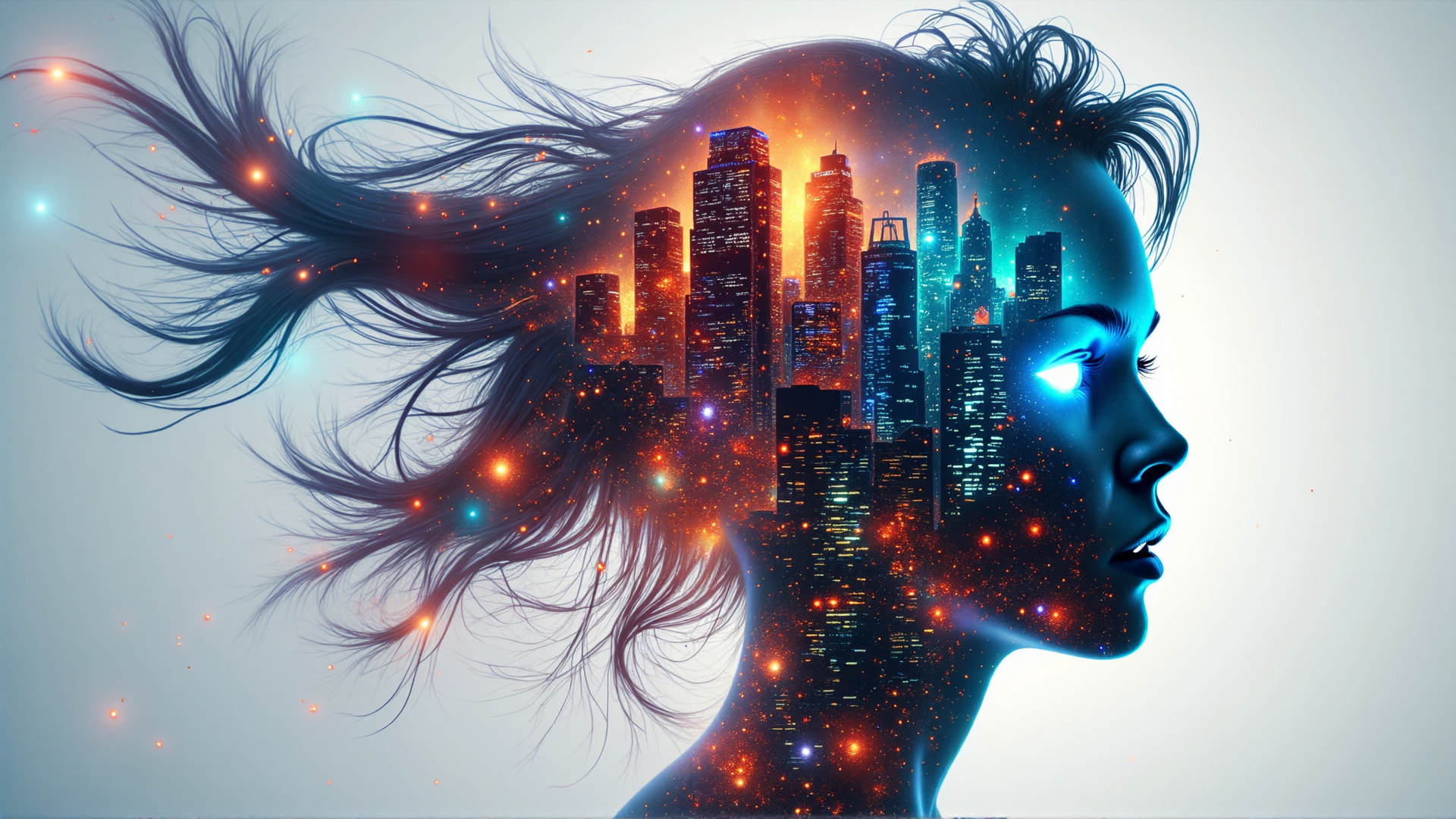 AI generated wallpaper featuring woman, cityscape, hair