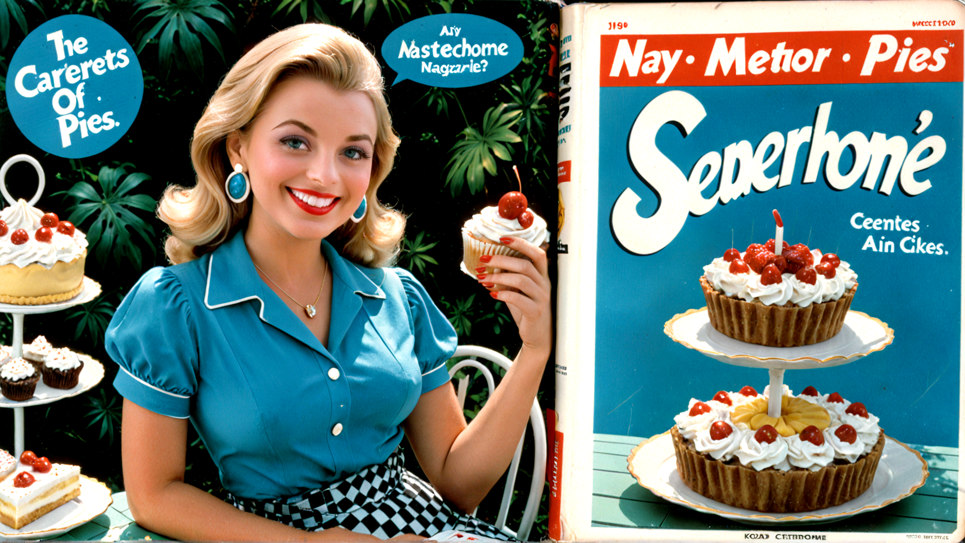 AI generated wallpaper featuring woman, cupcake, cake, magazine, dessert, pie, butterfly, cherry, lady, baker