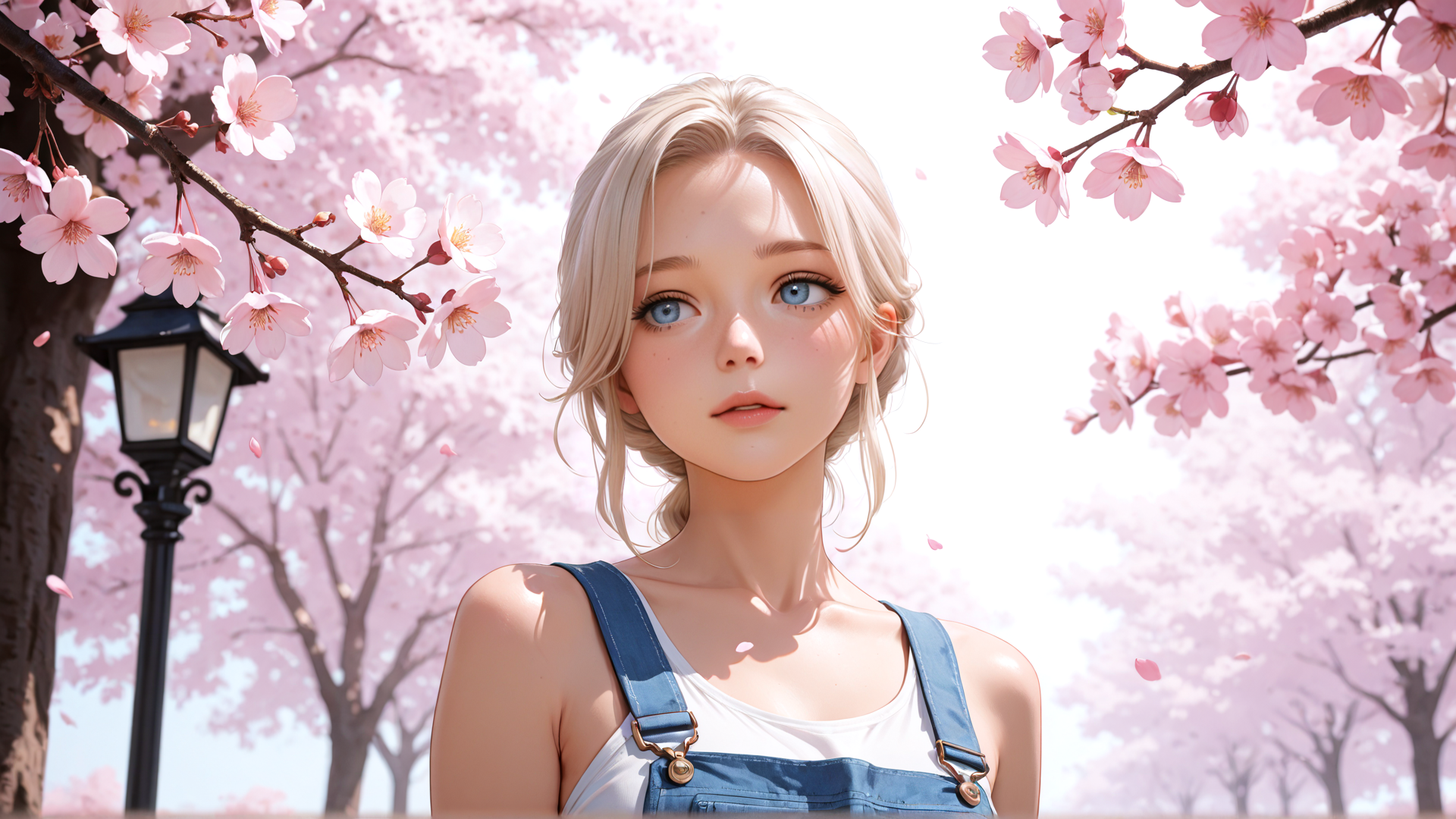 AI generated wallpaper featuring girl, cherry blossoms, street lamp, overalls, trees