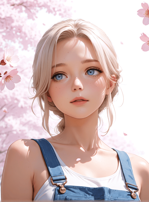 girl, cherry blossoms, street lamp, overalls, trees