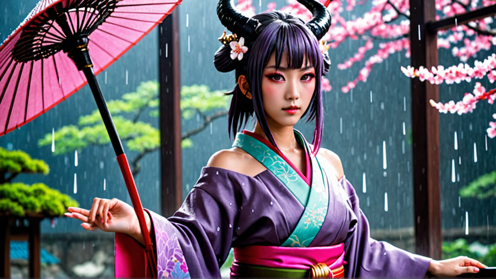 AI generated wallpaper featuring woman, umbrella, cherry blossoms, rain, horn, kimono