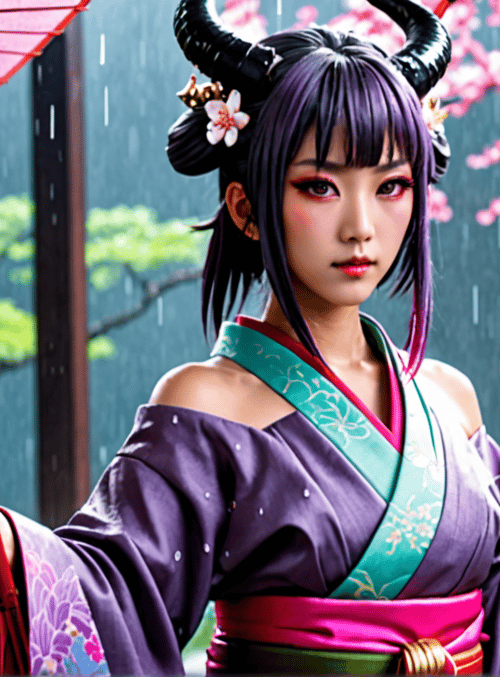 woman, umbrella, cherry blossoms, rain, horn, kimono