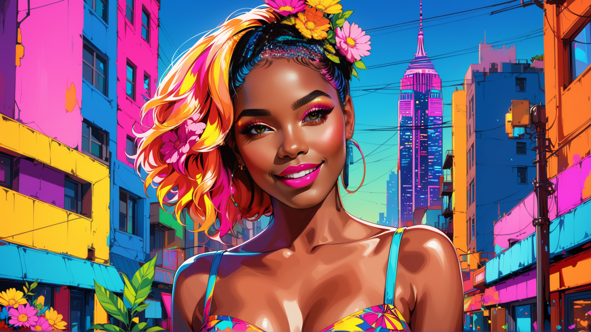 AI generated wallpaper featuring woman, cityscape, flowers