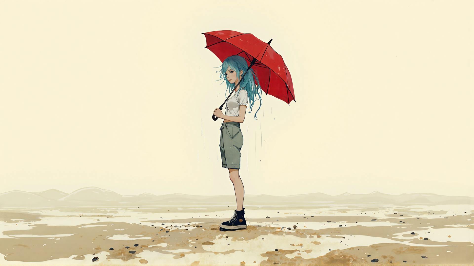 AI generated wallpaper featuring girl, umbrella, sand, rain, mountains