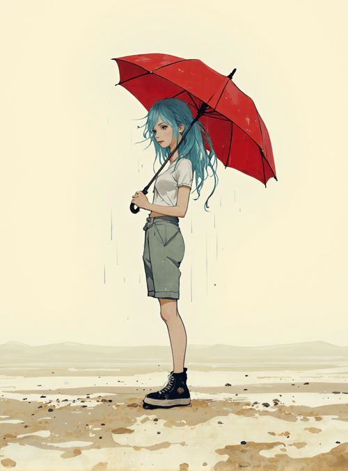 girl, umbrella, sand, rain, mountains