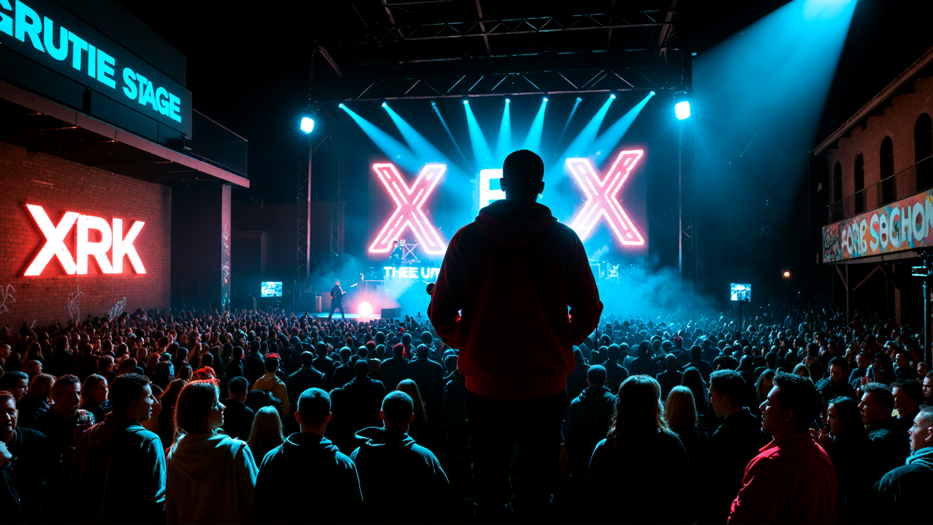 AI generated wallpaper featuring concert, crowd, stage, person, neon, light, building, sign, audience, silhouette