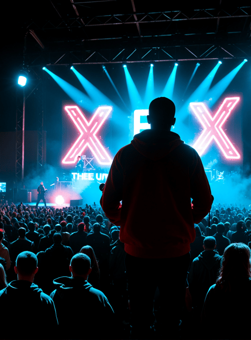 concert, crowd, stage, person, neon, light, building, sign, audience, silhouette