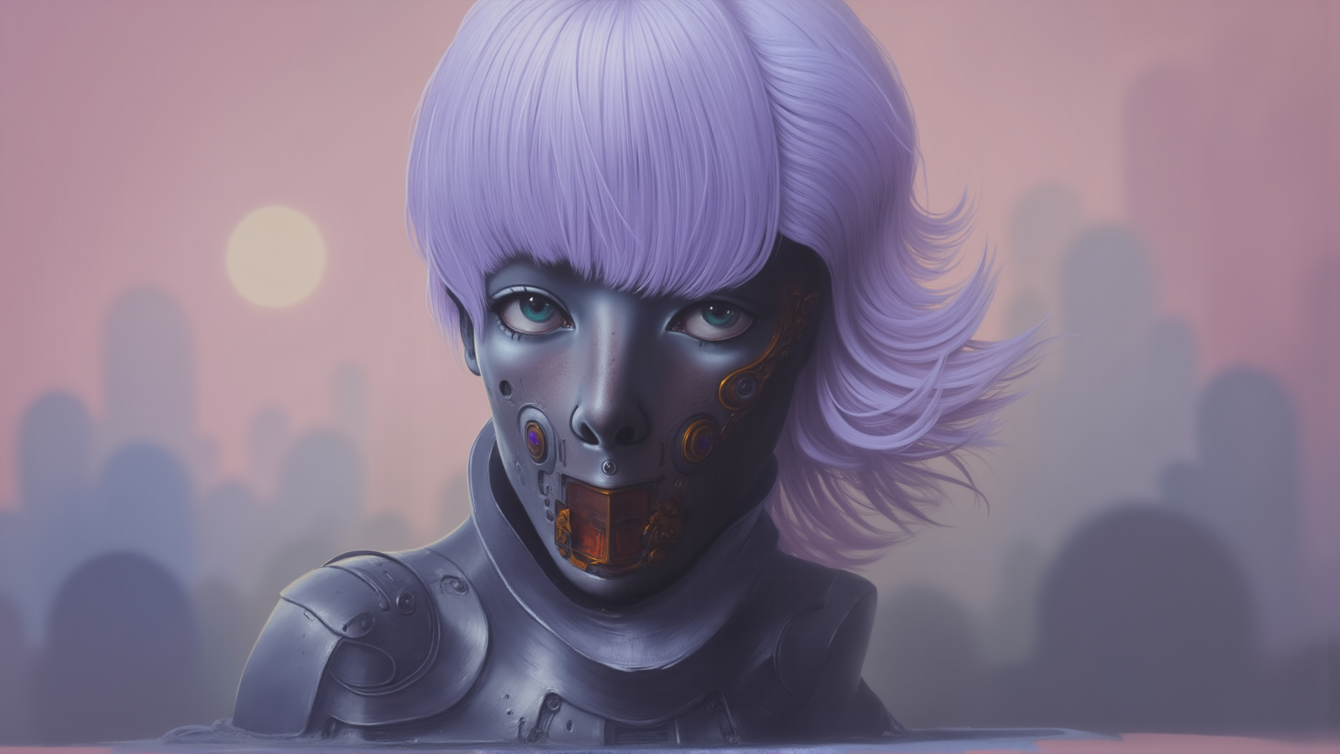 AI generated wallpaper featuring cyborg, robot, person, mechanical, humanoid, goggles, armor, hair, face, portrait