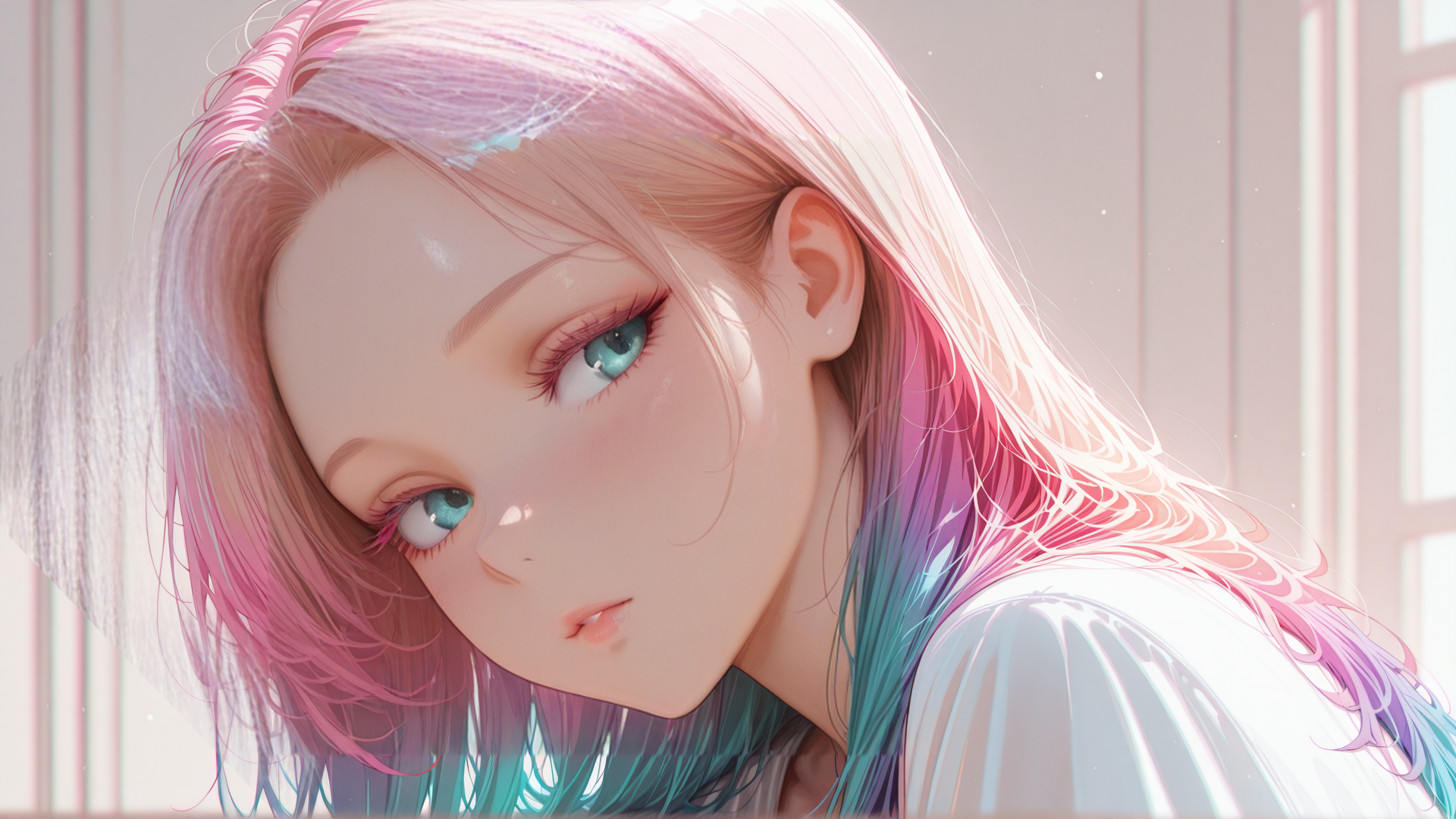 AI generated wallpaper featuring girl, hair, window