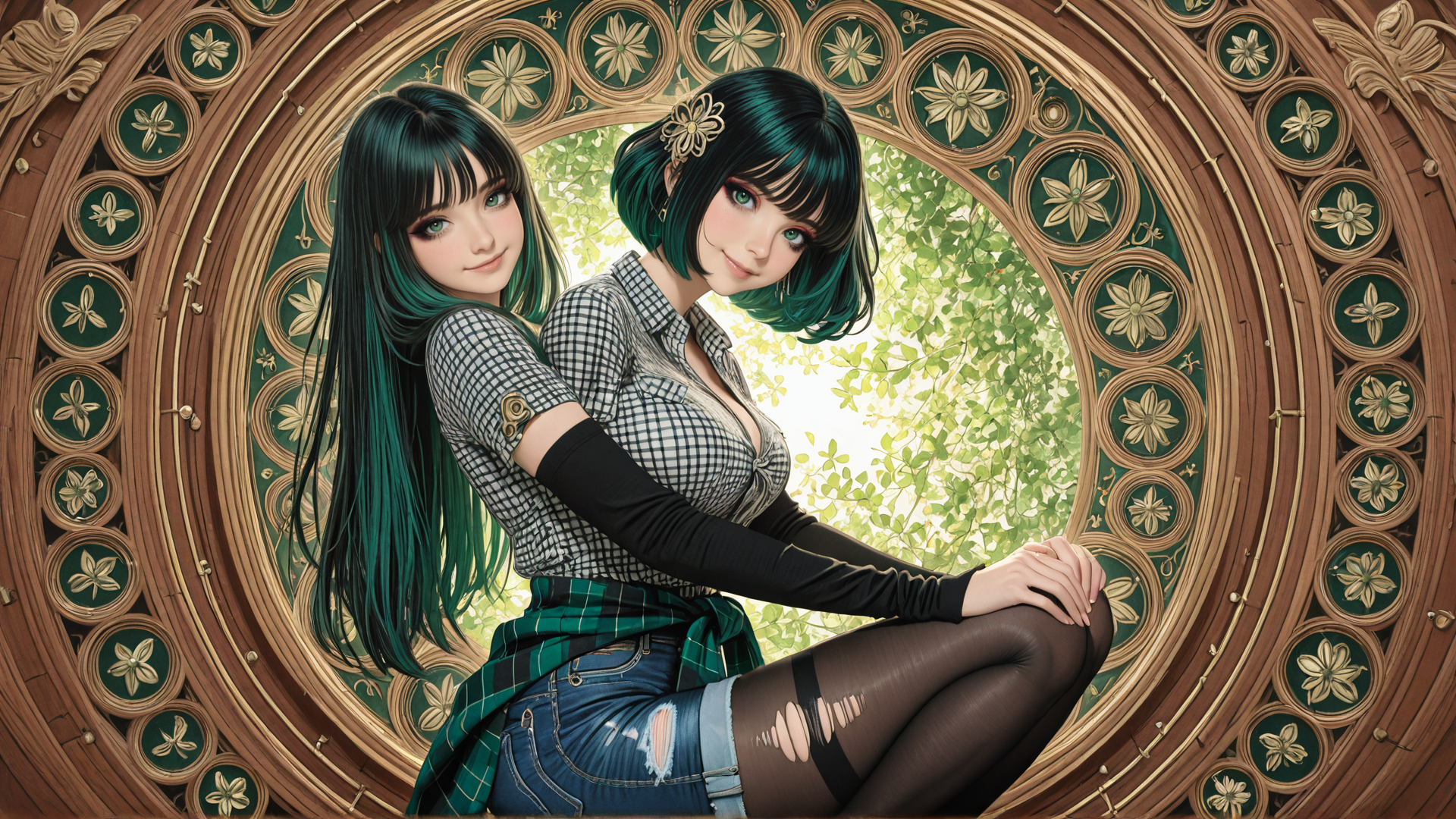 AI generated wallpaper featuring women, anime, fashion, sisters, dresses, hair, portrait, outfit, glasses, background