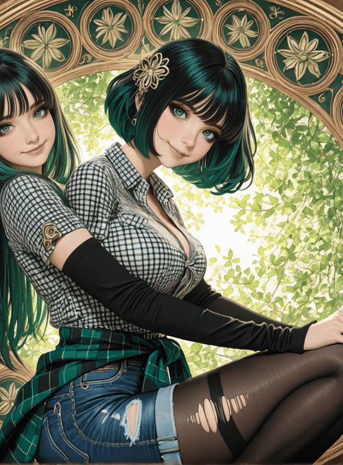 women, anime, fashion, sisters, dresses, hair, portrait, outfit, glasses, background