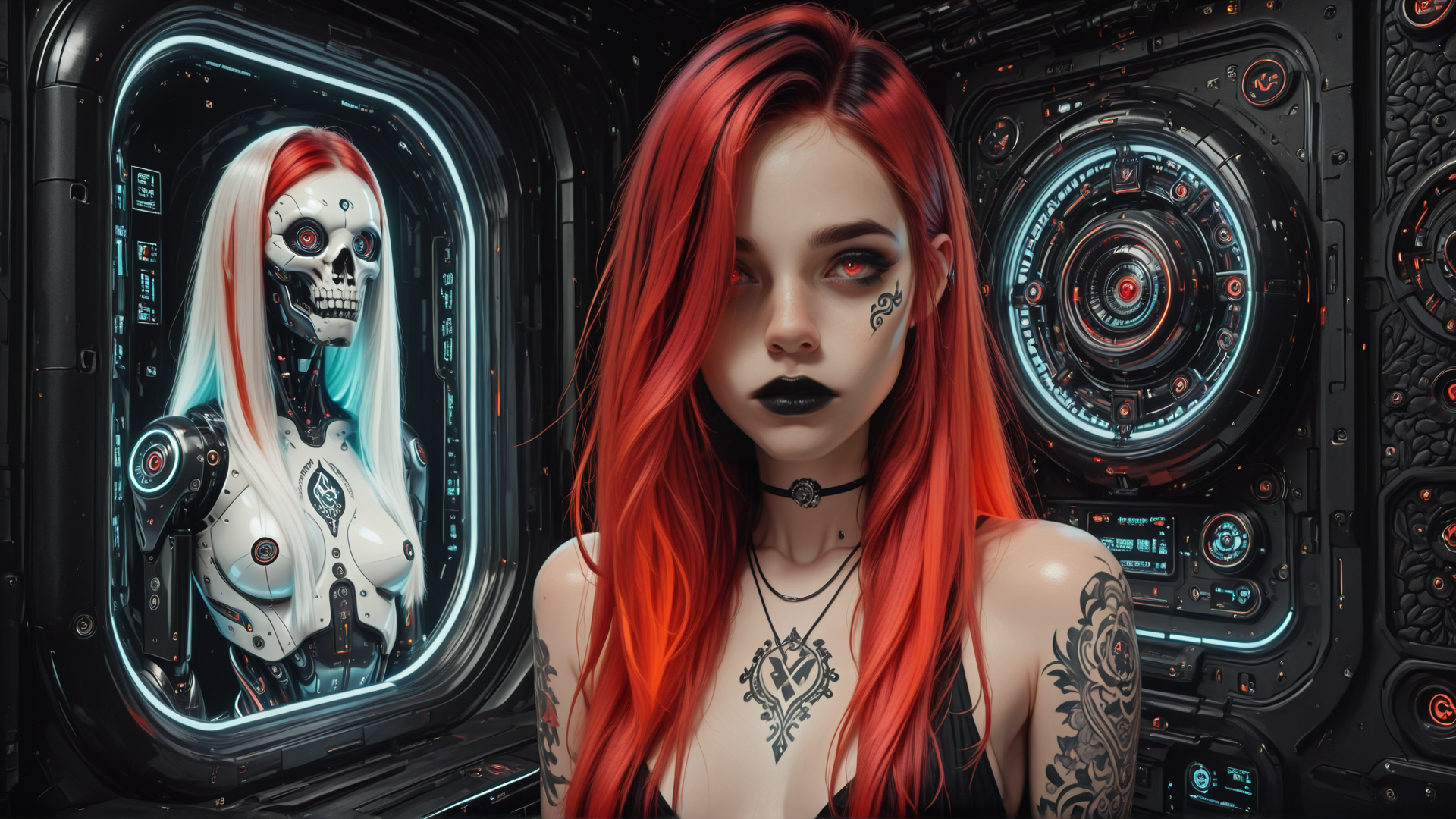 AI generated wallpaper featuring cyborg, woman, robot, tattoo, neon, screen, glasses, choker, skeleton, hair