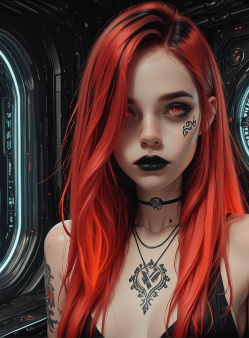 cyborg, woman, robot, tattoo, neon, screen, glasses, choker, skeleton, hair