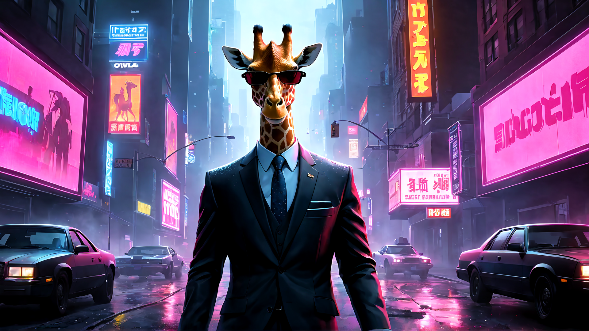 AI generated wallpaper featuring giraffe, suits, city