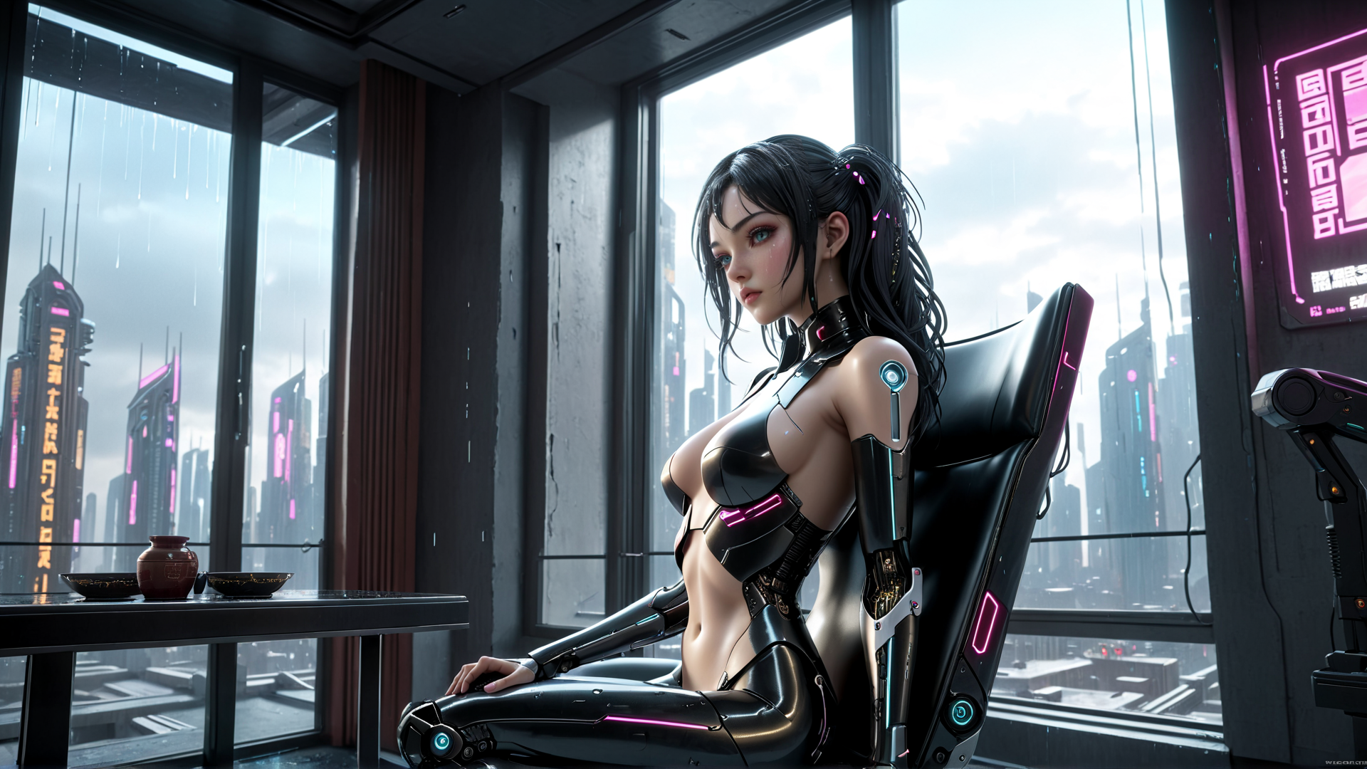 AI generated wallpaper featuring cyborg, woman, chair