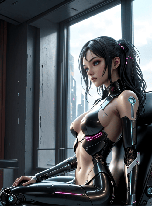 cyborg, woman, chair