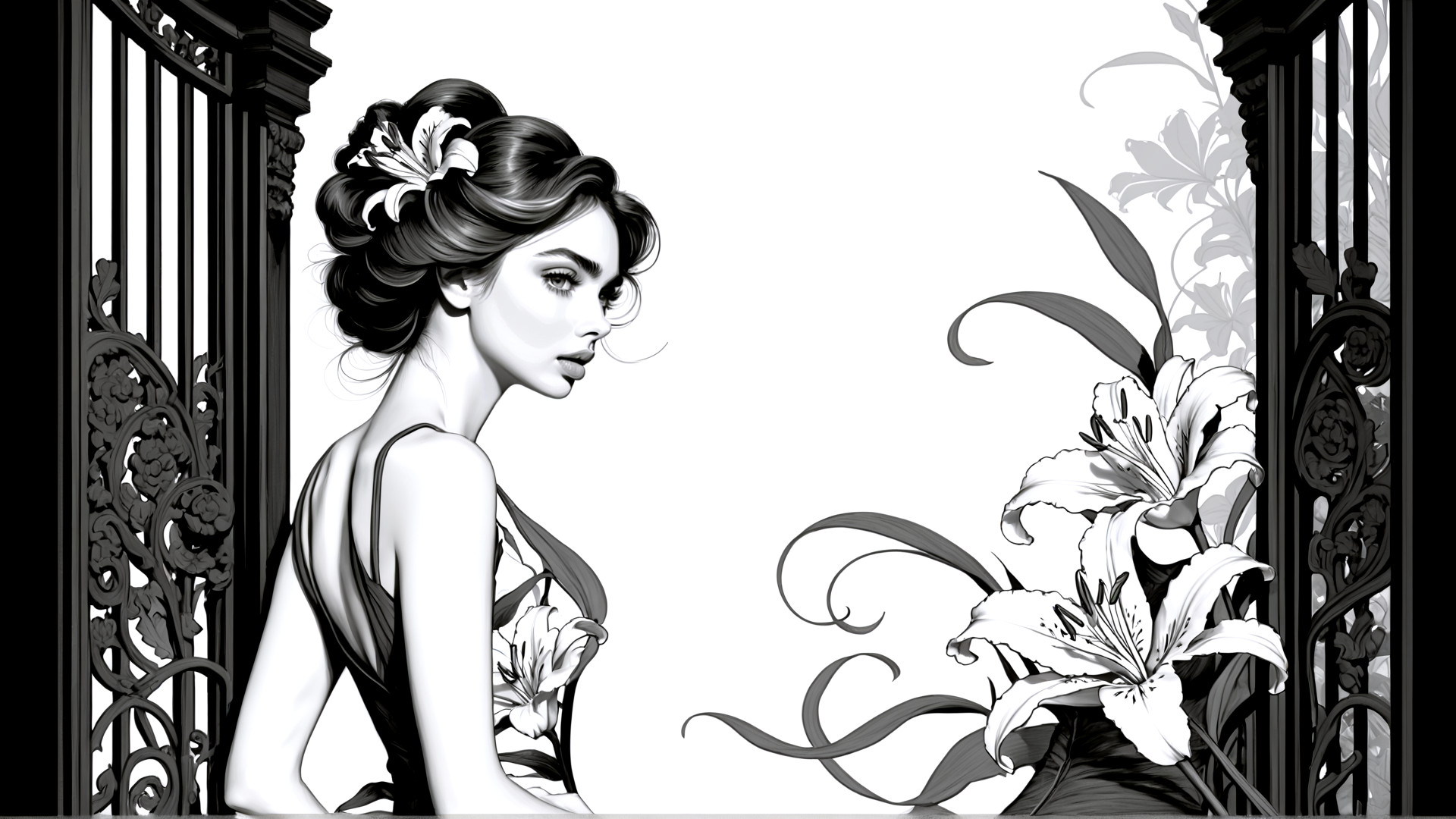 AI generated wallpaper featuring woman, lily, gate, flower, dress