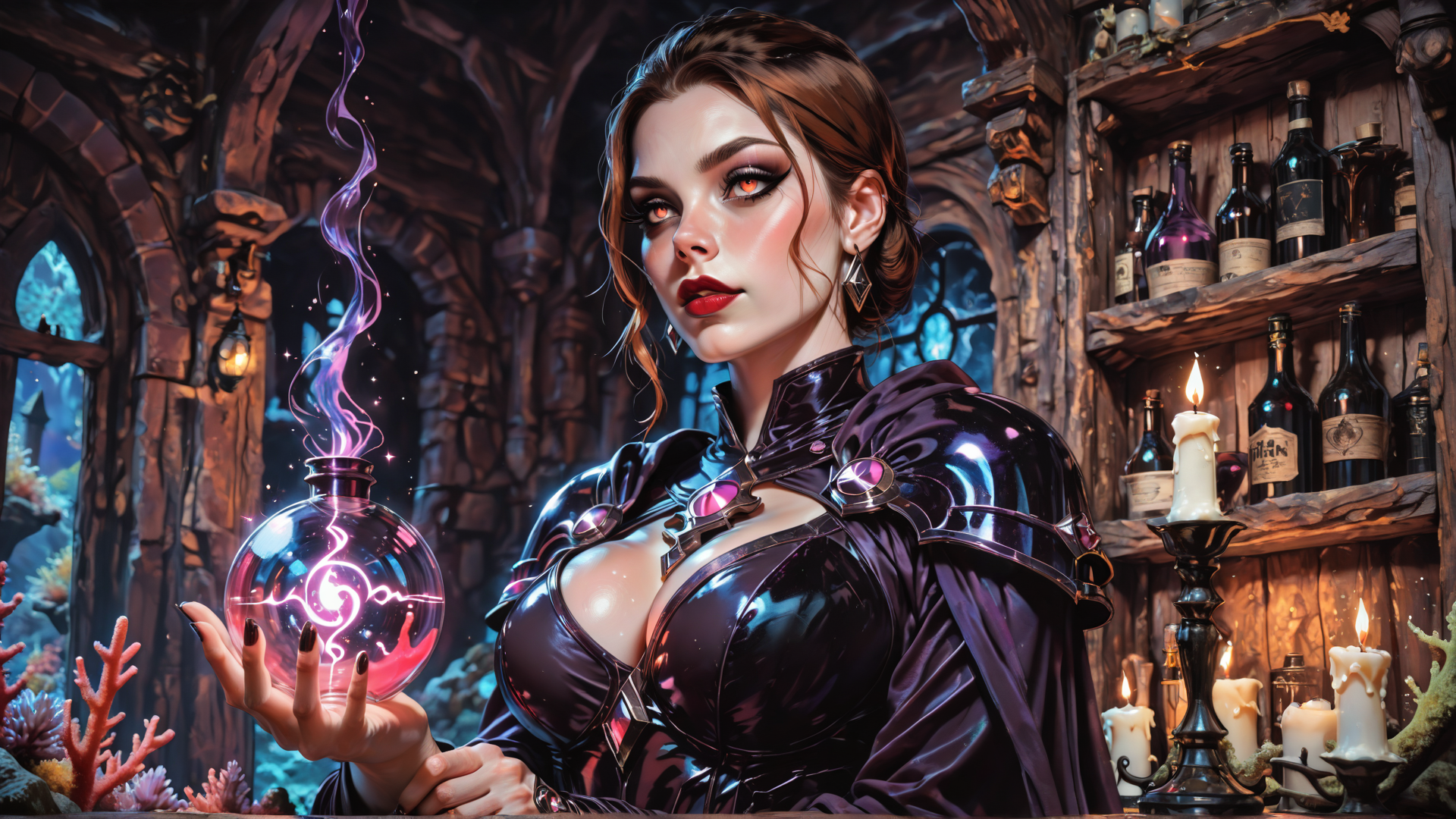 AI generated wallpaper featuring woman, alchemist, bottle, candle, coral, bookshelf, witch, robe, vial, magic