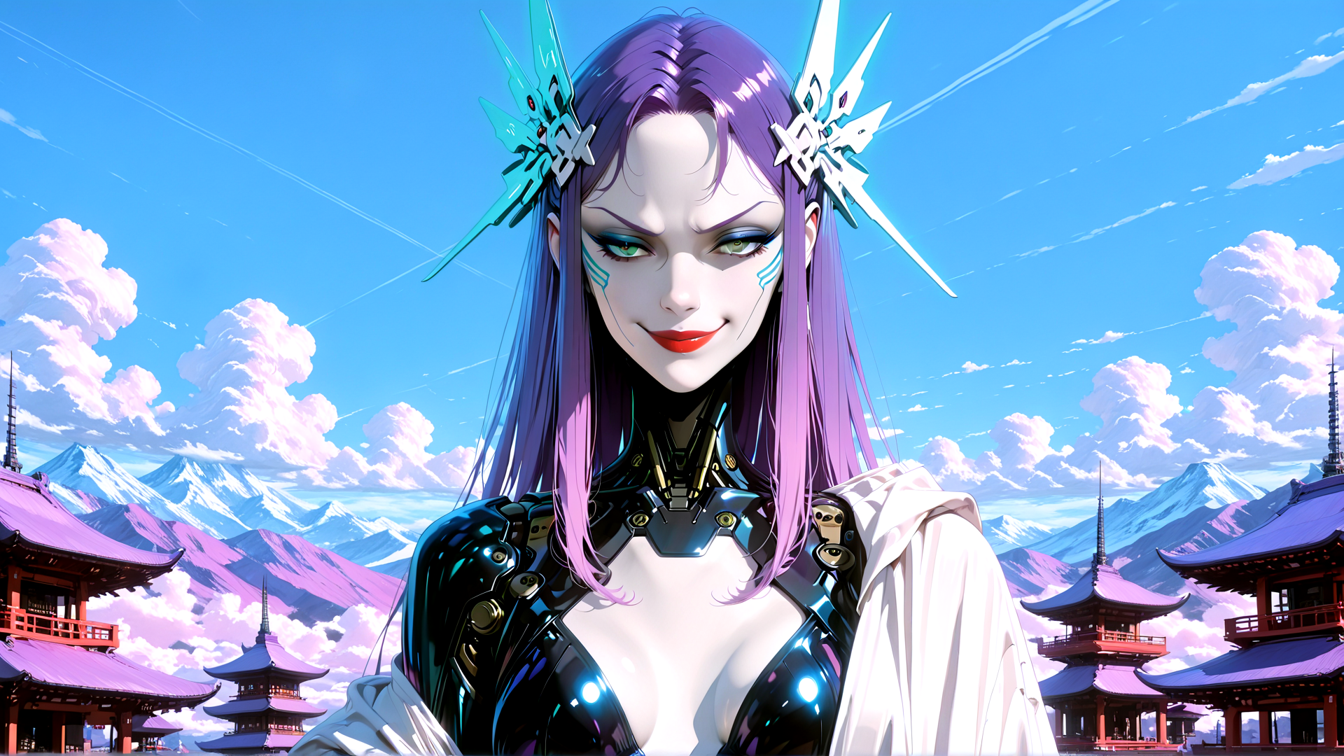 AI generated wallpaper featuring cyberpunk woman, anime character, futuristic warrior, robotic armor, purple hair, traditional architecture