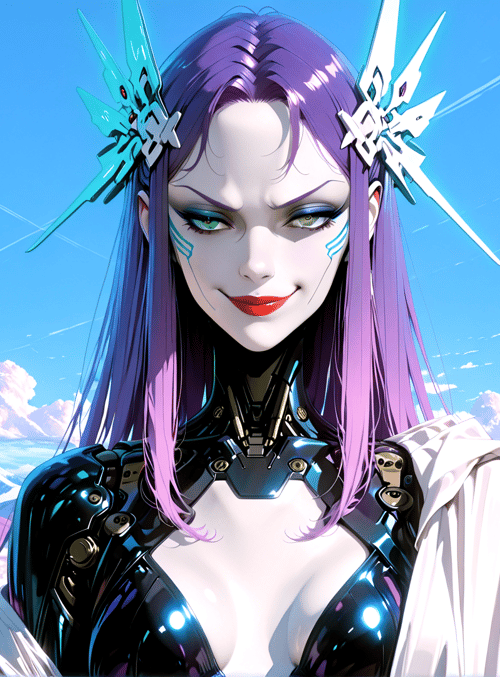 cyberpunk woman, anime character, futuristic warrior, robotic armor, purple hair, traditional architecture