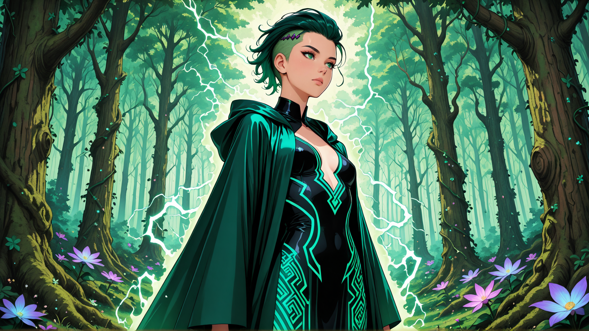 AI generated wallpaper featuring woman, forest, lightning, flowers, trees, cape, goddess, magic, nature, fairy