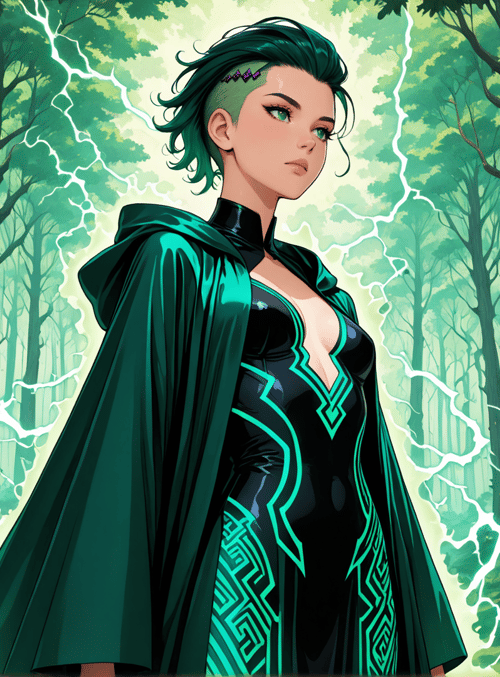 woman, forest, lightning, flowers, trees, cape, goddess, magic, nature, fairy