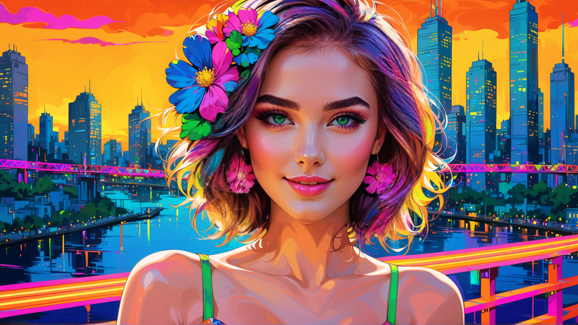 AI generated wallpaper featuring woman, cityscape, flowers