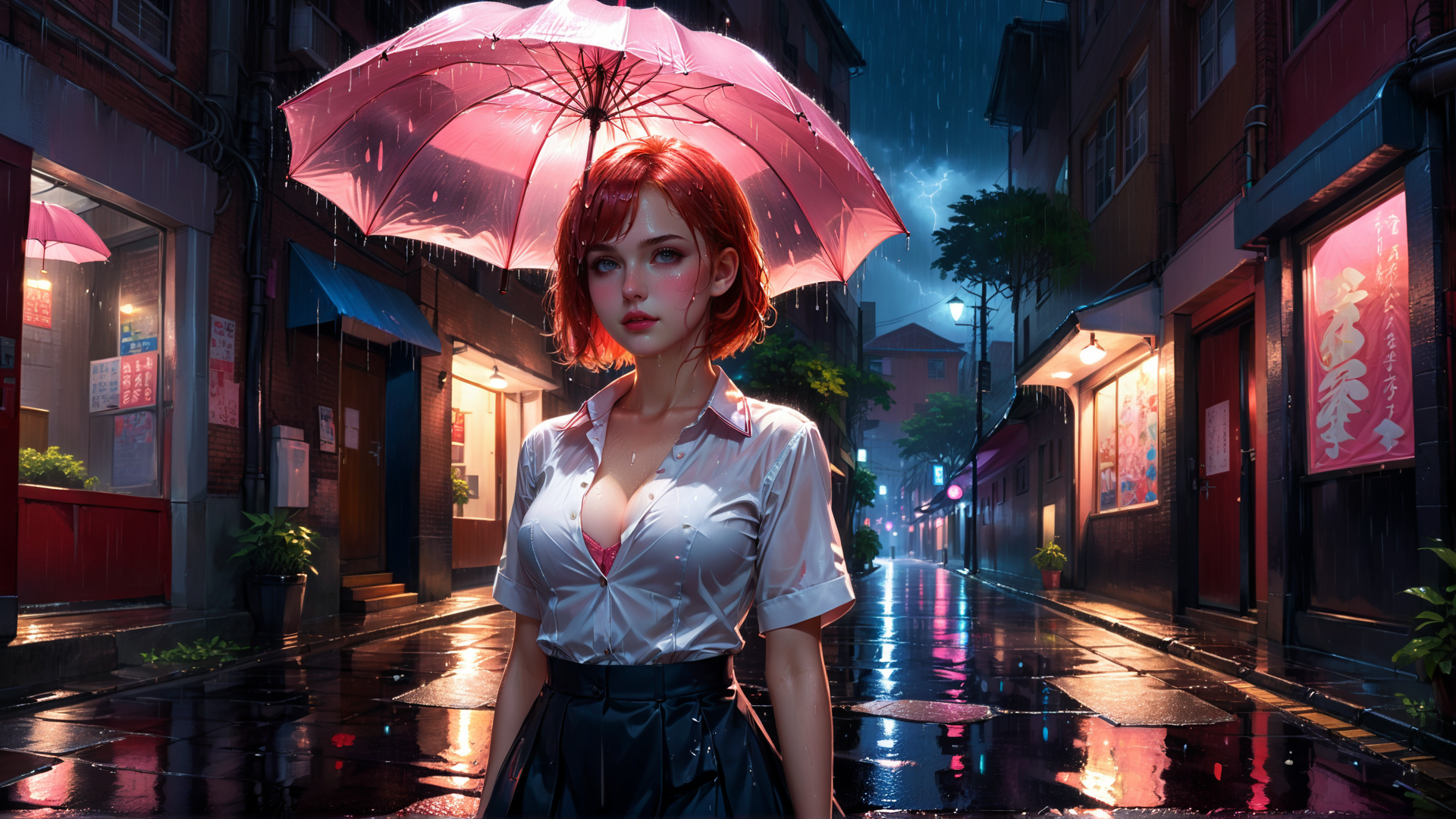 AI generated wallpaper featuring woman, umbrella, street, rain, building