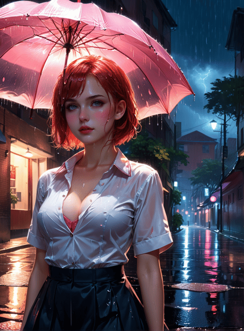 woman, umbrella, street, rain, building