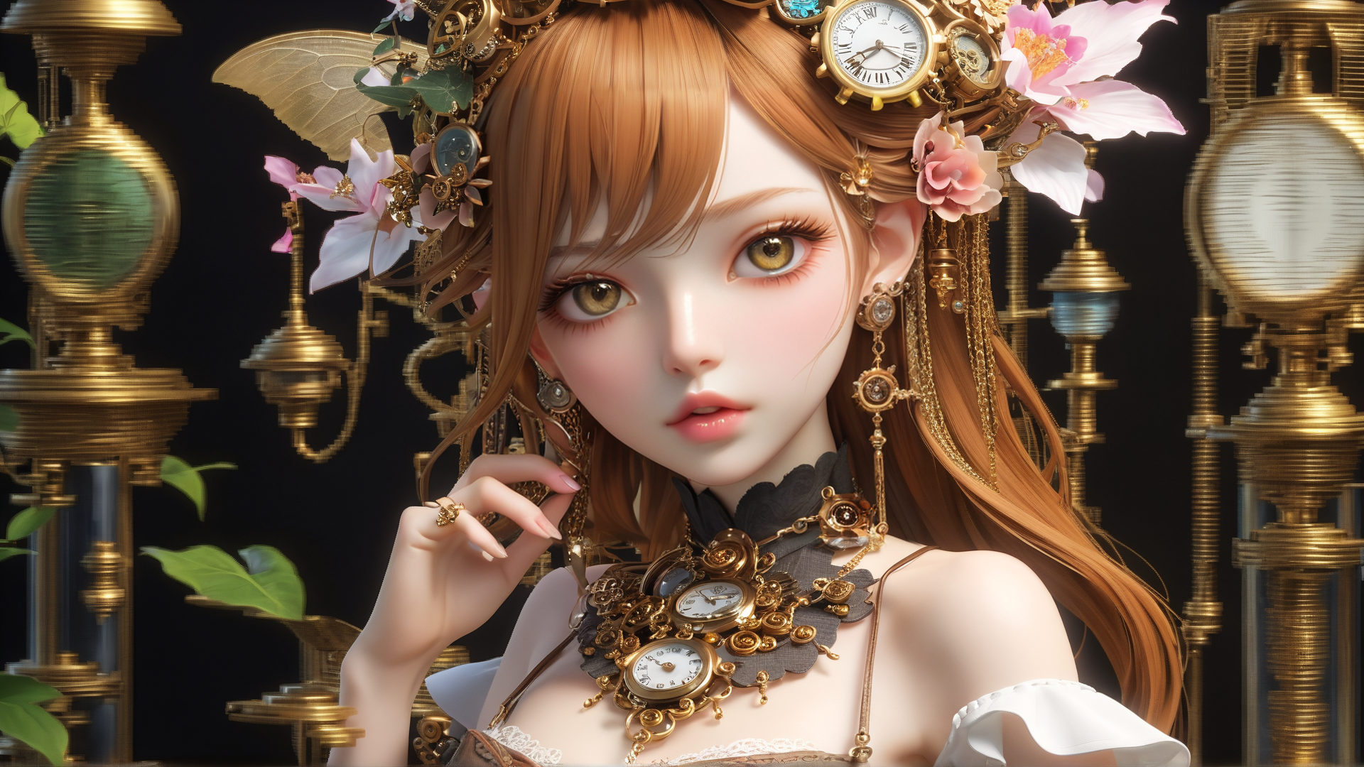 AI generated wallpaper featuring woman, clock, flower, gold, gears, lamps, lace, antique, clockwork, fairy