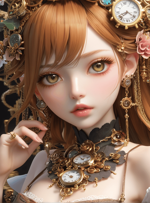 woman, clock, flower, gold, gears, lamps, lace, antique, clockwork, fairy