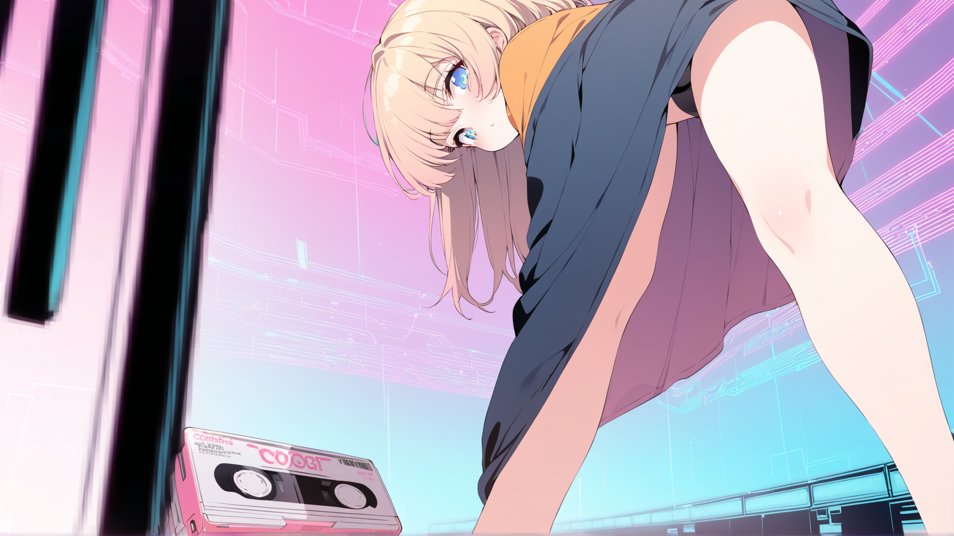 AI generated wallpaper featuring anime girl, cassette tape
