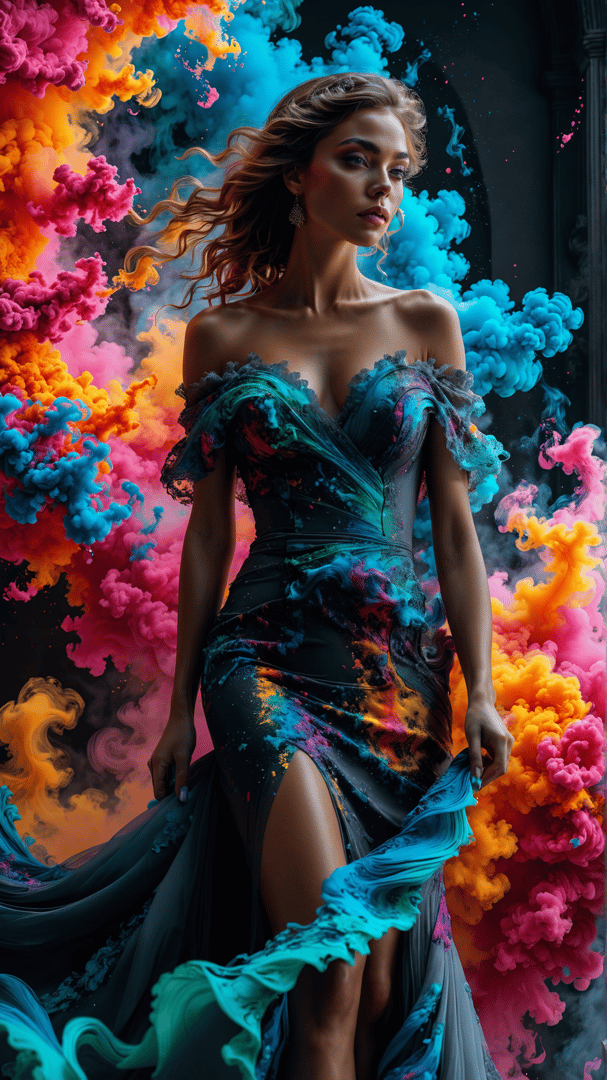 AI generated wallpaper featuring woman, dress, smoke