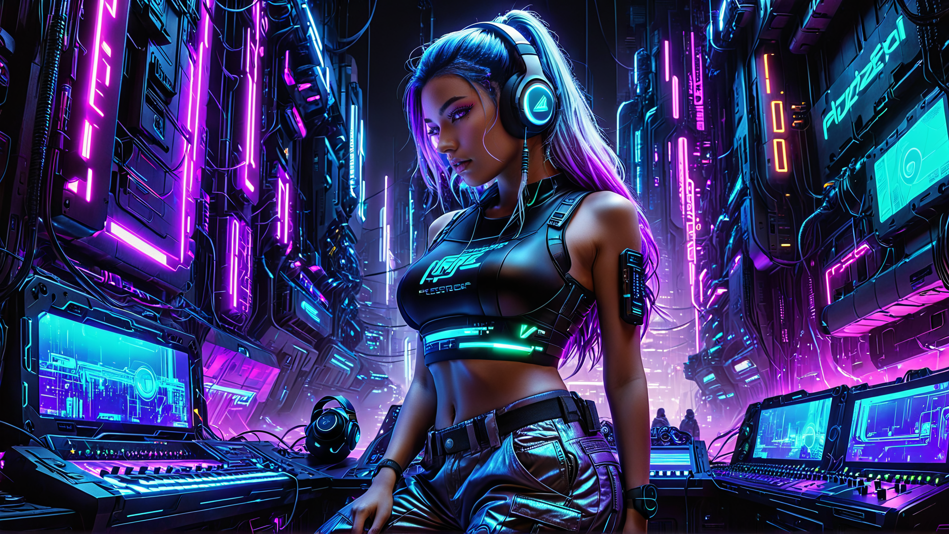 AI generated wallpaper featuring cyberpunk, woman, headphones