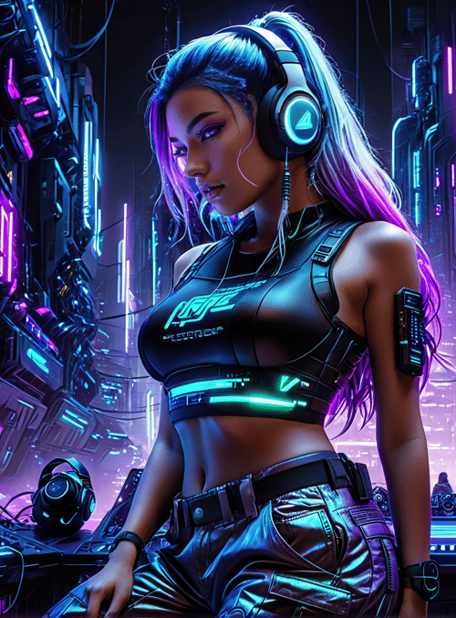 cyberpunk, woman, headphones