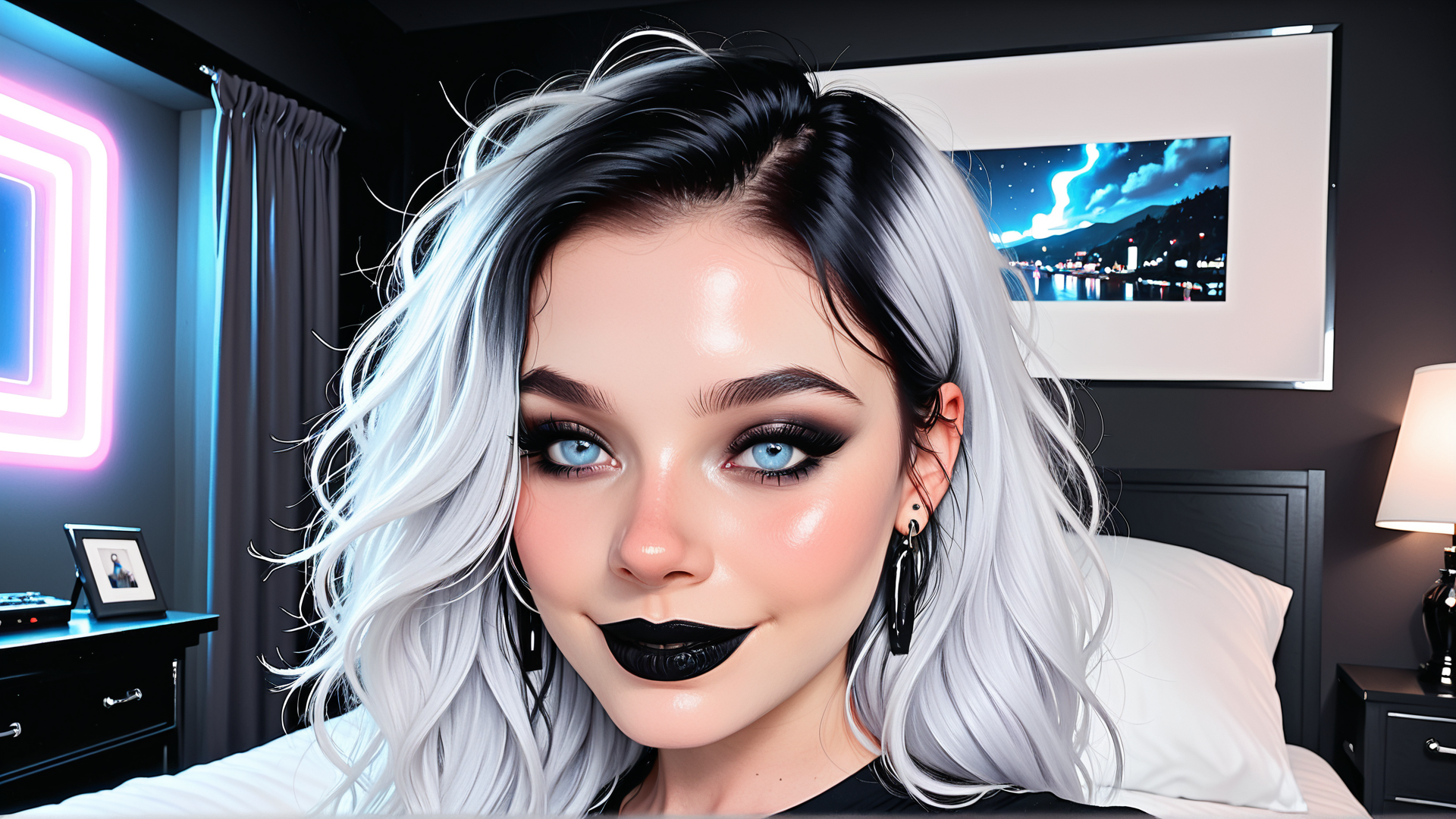 AI generated wallpaper featuring woman, hair, bedroom, neon, frame