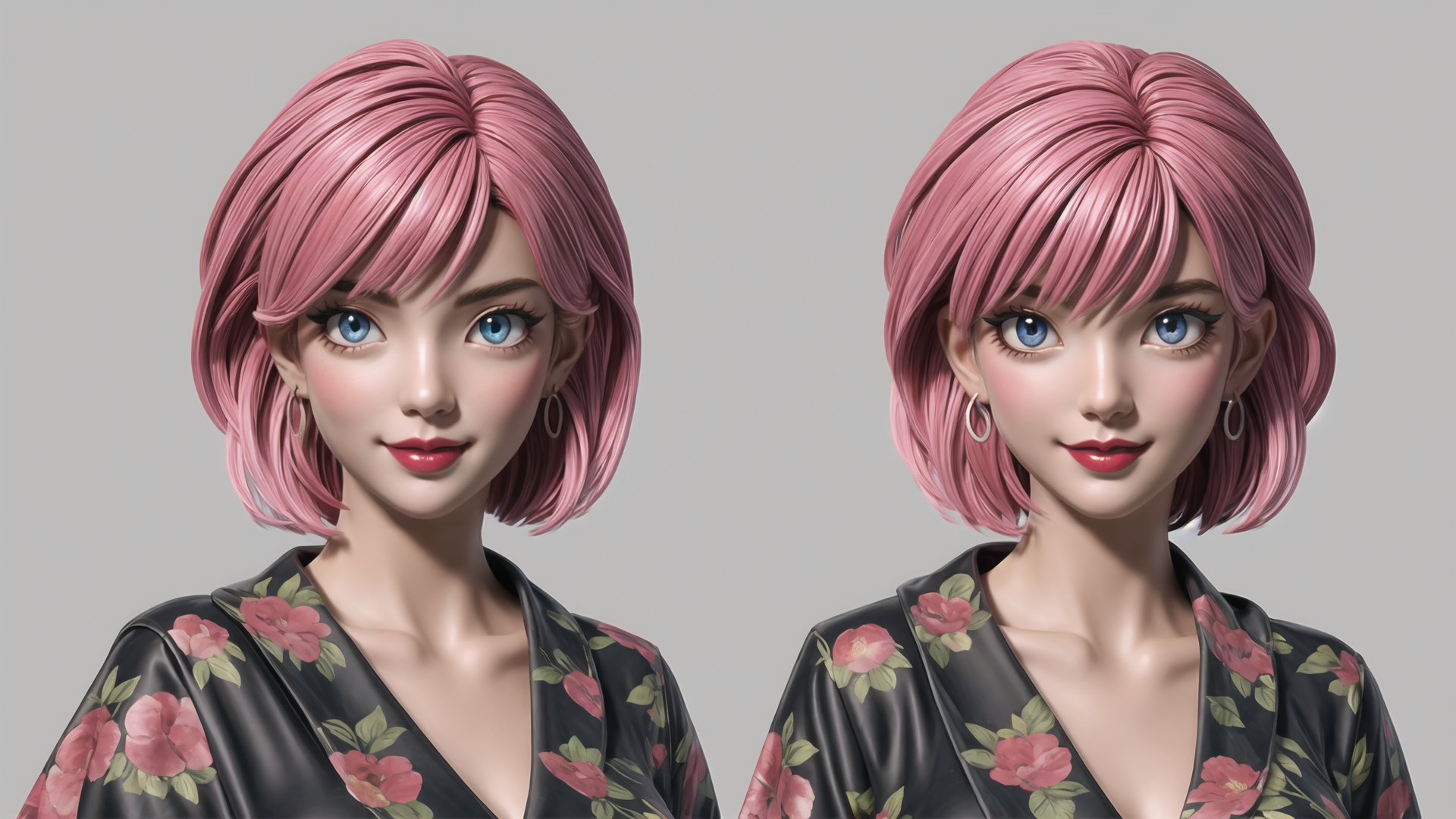 AI generated wallpaper featuring woman, pink hair, floral robe, earrings