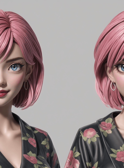 woman, pink hair, floral robe, earrings