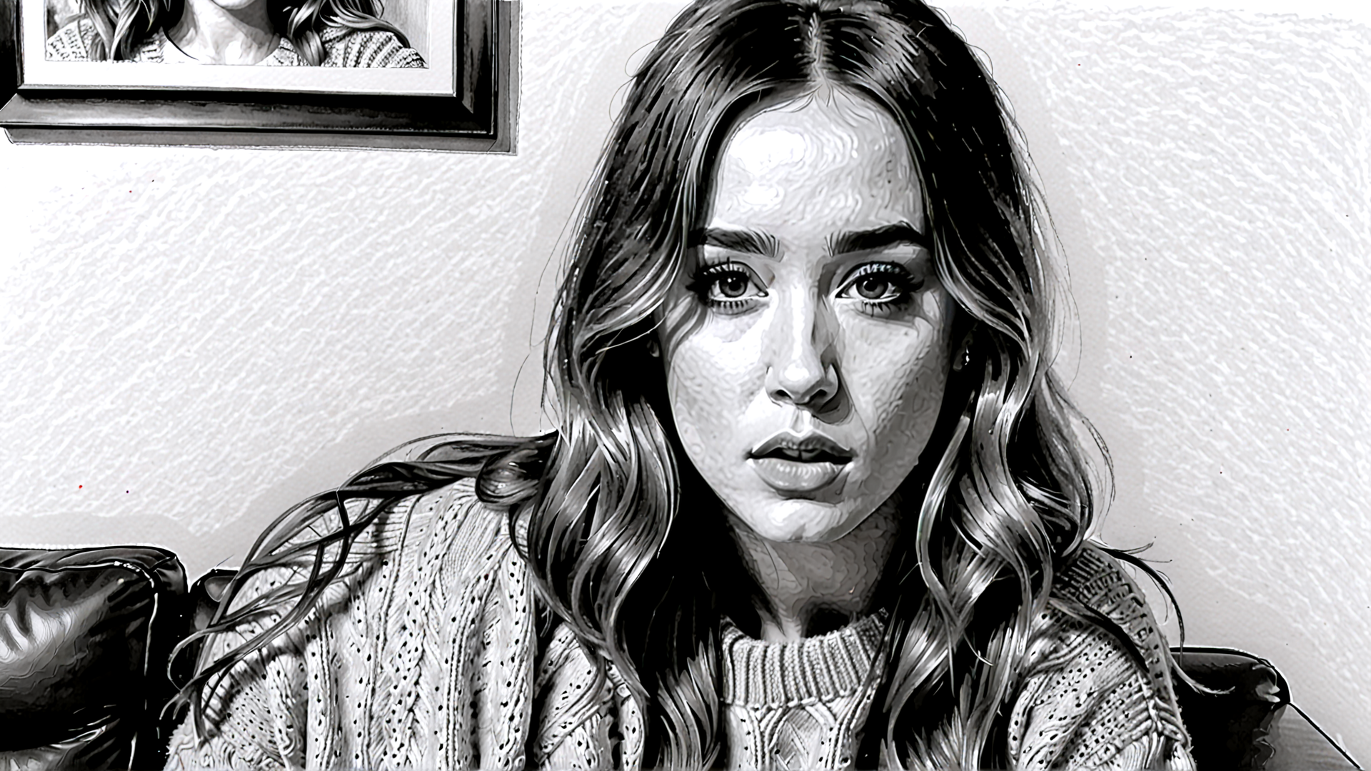 AI generated wallpaper featuring woman, sweater, hair, couch, photo
